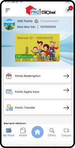 PRO1 Global points redemption, transfer, and expiry screen